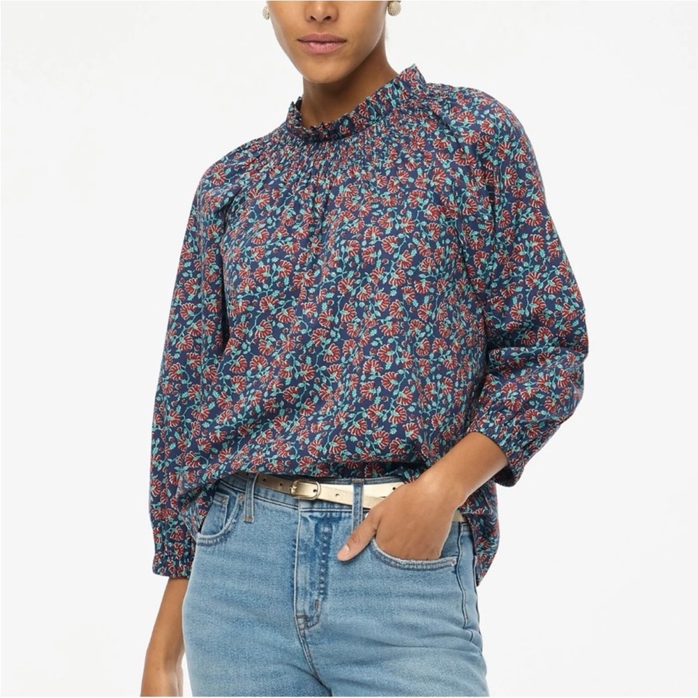 NWT J. Crew Factory Floral Smocked-Neck Top Floral Print Blue Burgundy Sz M